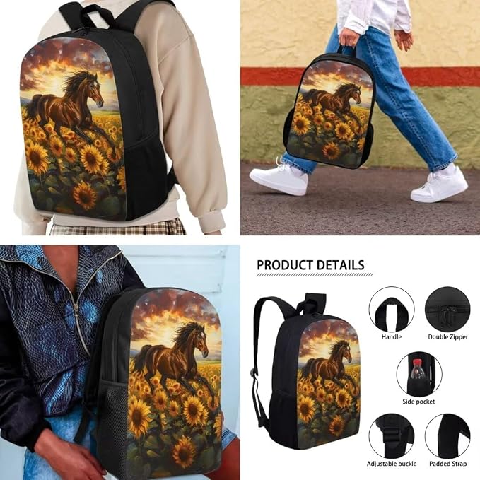 Mumeson Cool Horse Sunflower Backpack Schoolbag Student Rucksack for Girl Boys Backpack Large Capacity Organizer Book Bags with Insulated Thermal Lunch Bag Small Pencase - Image 4