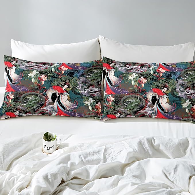 Dragon Duvet Cover Twin Japanese Style Exotic Bedding Sets Animal Pattern Plant Floral Decor Comforter Cover Asian Culture Theme Bedding with Zipper Ties Soft Luxury Duvet Cover for Adult Women Girls - Image 5