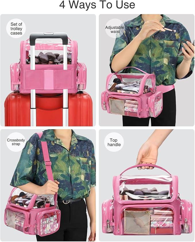 NAONAYA Pink Makeup Brush Bag, Large Makeup Brush Holder Professional Makeup Artist Travel Case Clear Waterproof Cosmetic Organizer Bag, Full Open Easy to Access, with Adjustable Strap and Dividers - Image 5