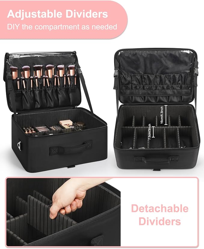 Relavel Extra Large Cosmetic Case, Travel Makeup Bag with 4 Clear Pouches & Lipstick Plate, Portable Cosmetic Case Storage Organizer Box for Makeup Artists with Shoulder Strap & Adjustable Dividers - Image 5