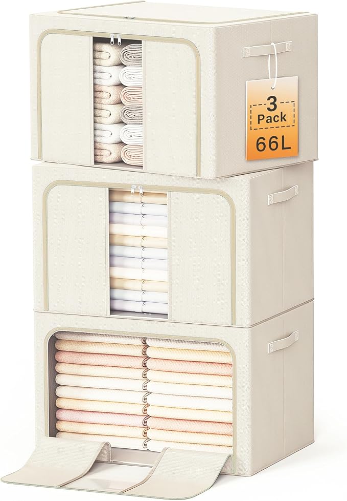 Clothes Storage Bins with Metal Frame, Foldable Clothes Organizers Storage Containers for Clothes, Sheets, Blankets, Pillows and Towels (66L, 3 Pack) Beige by LeArex