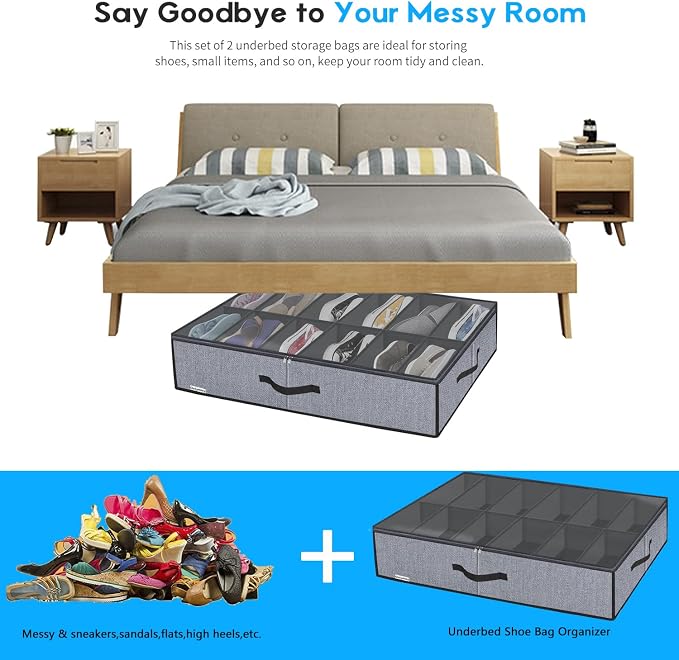 Onlyeasy Large Under Bed Shoe Organizer (6 to 12 Pairs x 2) - Underbed Shoes Closet Storage Solution with Metal Zipper and 2 Handles, Breathable, 29.3"x23.6"x5.9", Linen-like Grey, MXDUBSB2P - Image 7