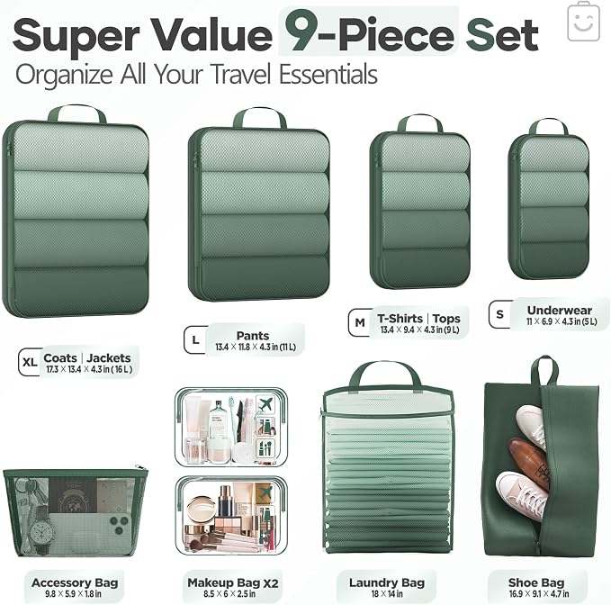 Veken 9/11 Set Compression Packing Cubes for Travel Essentials,Compressible Expandable Luggage Suitcase Organizer Bags with Garment Bag,Space Saver Bags with Over 1000 pcs of Mesh Holes(Dark Green) - Image 2