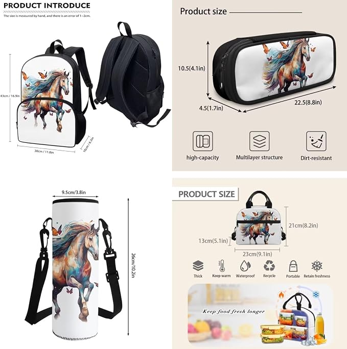 POLERO Butterfly Horse Backpacks Teen Girl Backpack Set 4Pcs Middle School Elementary Bookbags with Lunch Box Pencil Case Water Bottle Sling Bag - Image 3