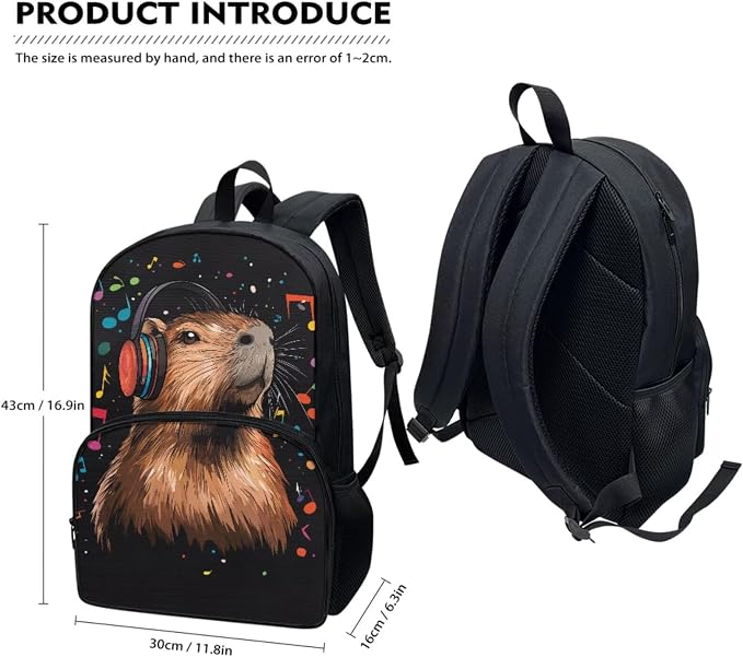 Music Capybara Backpack for School Girls with Lunchbox 17 Inch Cute Cartoon Animal Bookbag Kids Lunch Box Set and Pencil Case, 3-in-1 Back to School Bag Lunch Bag - Image 2