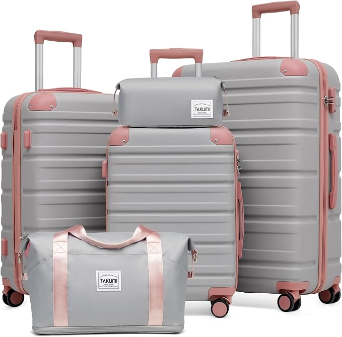 TAKUMI Luggage Sets 5 Piece Lightweight Carry On luggage with Duffel Bag ABS+PC Hardshell Suitcases with YKK zippers Double Spinner Wheels Travel Luggage with TSA Lock(GREY PINK, 5 PIECE SET) by TAKUMI