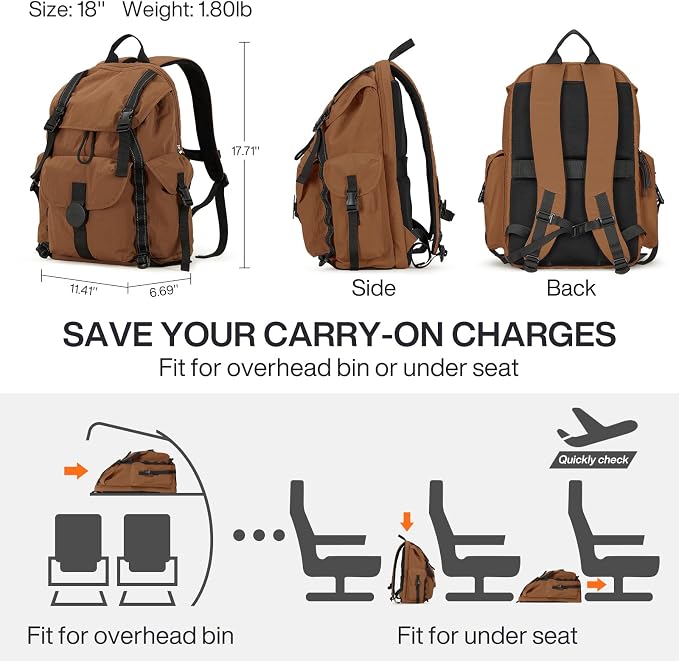 mixi Travel Backpack for Women Men, 18 Inch Carry On Laptop Backpack Flight Approved fits 16'' Laptop, Lightweight Waterproof Hiking Backpack Travel Outdoor Business Casual Daypack, Brown - Image 5