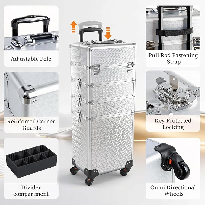 4 in 1 Makeup Train Case - Professional Cosmetology Case on Wheels, Large Transformable Makeup Train Case & Barber Case, Portable rolling makeup case & Makeup Cart, Silver - Image 6