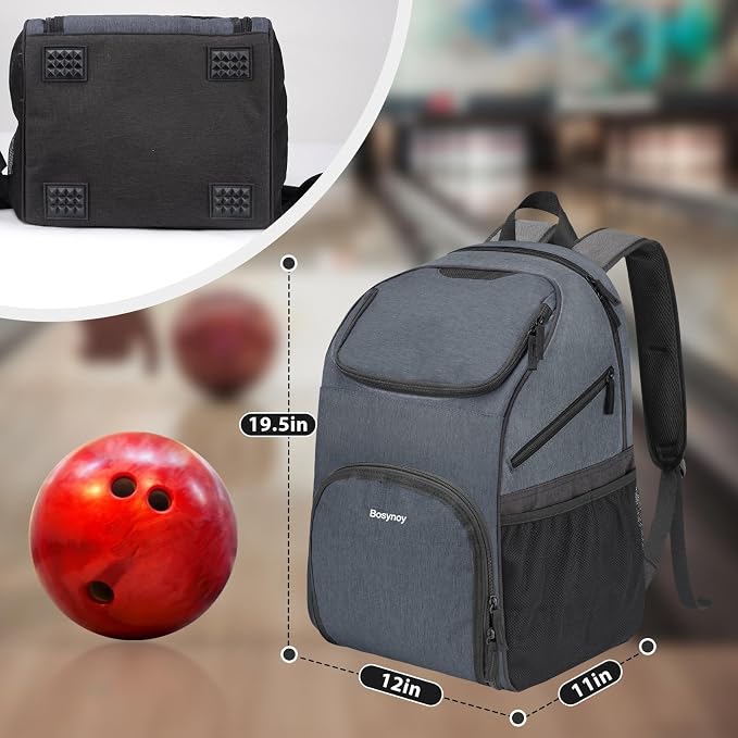 Bosynoy Bowling Backpack, Single Bowling Ball Bag with Shoe Compartment | Bowling Bag Totes with Foam Padded Protection, Fits Shoes Up to US Mens Size 16 and Accessories, Grey - Image 7