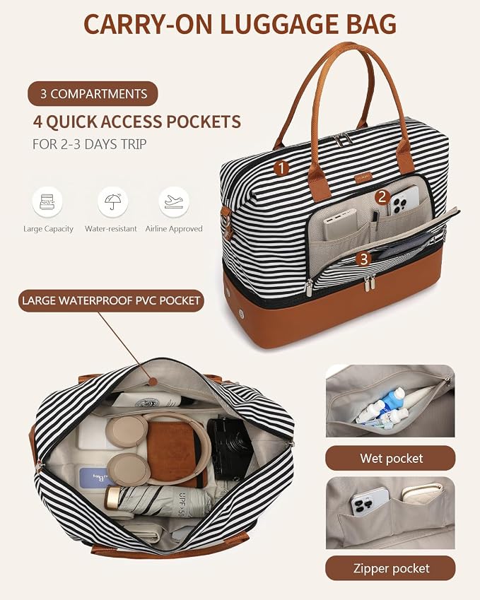Weekender Bags for Women Travel, Under Seat Carry On Bags for Airplanes Overnight Bag with Shoe Compartment Luggage Sleeve, Foldie Travel Tote Bag Hospital Bag, Travel Gifts, Black Strip - Image 5