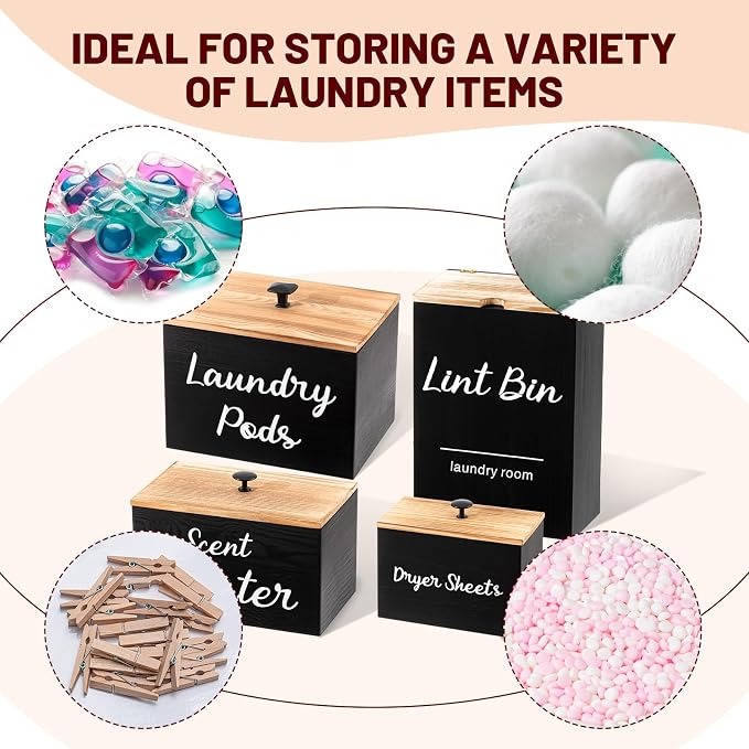 Dandat 4 Pcs Magnetic Laundry Pod Holder Laundry Room Container Set, Lint Bin with Scoop and Brush Dryer Sheet Holder, Scent Booster Container Rustic Gift Wood Farmhouse Room Decorcontainer(Black) - Image 4