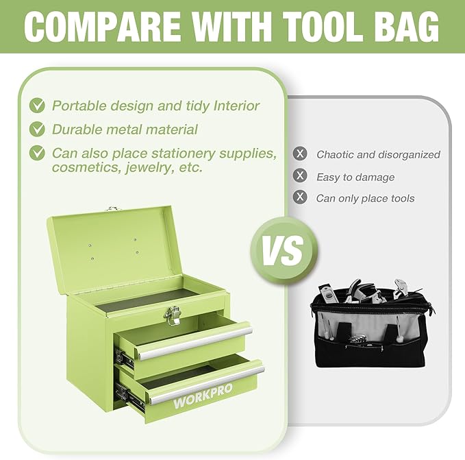 WORKPRO Portable Mini Metal Tool Box with 2 Drawers | Metal Tool Chest, Ball Bearing Slides, Top Storage, Latch Handle, PVC Drawer Liners, PP Feet Pads - Image 5