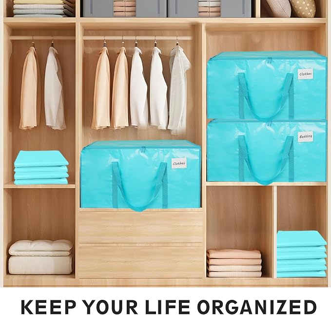 4 Pack-Extra Large Heavy Duty Moving Bags - Waterproof Storage Totes with Handles & Zippers, Foldable for College Dorm, Storage (lake blue) - Image 5