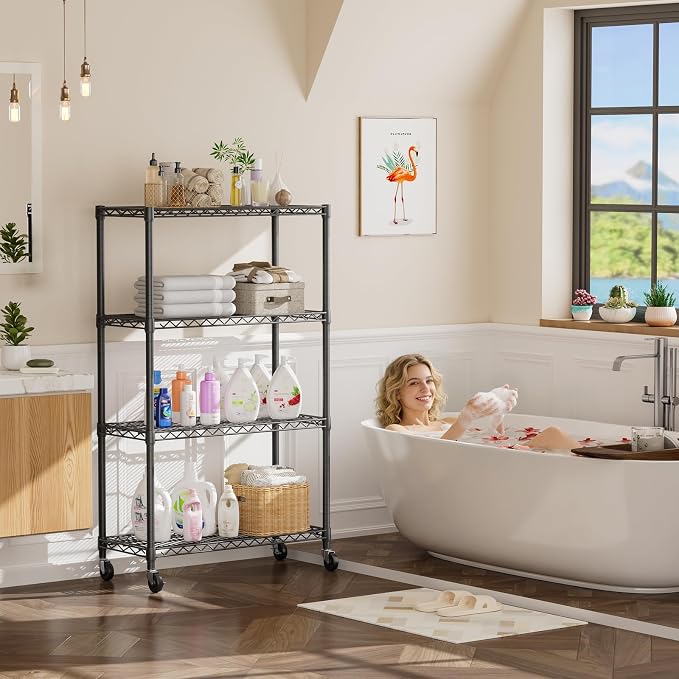 Golpart 4 Tier Shelves Storage Shelf Wire Closet Bathroom Organizers Metal Pantry Kitchen Garage Shelving Unit Laundry Room Organization Home Rack Net Basket Black with Wheels 14”D X 36”W X 58”H - Image 8