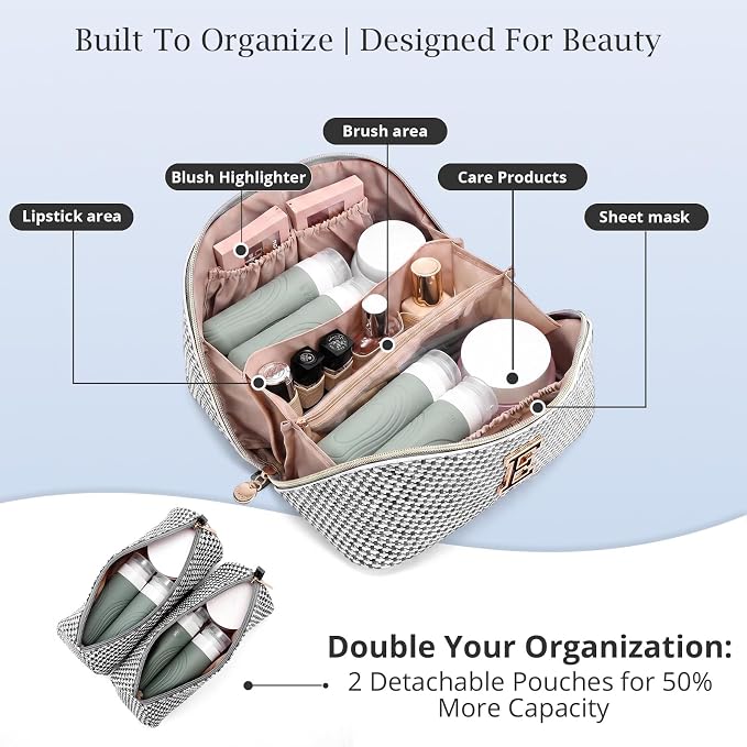 Personalized Gift Travel Makeup Bag: Initial Makeup Organizer Bag for Women | 3-in-1 Custom Make up Bag Set - Vegan Leather Travel Cosmetic Bag - Luxury Gift for Women – Birthday, Anniversary, Graduation - Image 3