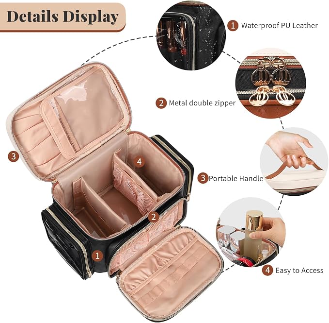 Bagmoly Large Makeup Bag, Portable Travel Makeup Bag Organizer for Women Girls with Makeup Brush Compartment & Two Side Pockets, Cosmetic Travel Bag Vertical Storage Toiletry Bag- Brown - Image 2