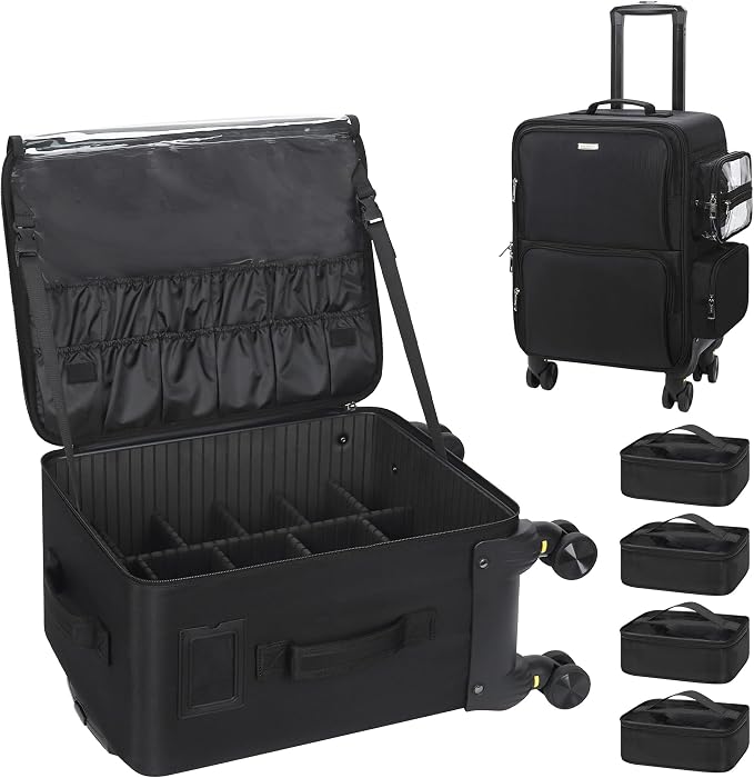 Relavel Rolling Makeup Case, Extra Large Makeup Train Case Cosmetology Case on Wheels Professional Makeup Artist Bag Cosmetic Brush Organizer Box with 4 Clear Set Bags, 360° Spinner Wheels, Black by Relavel