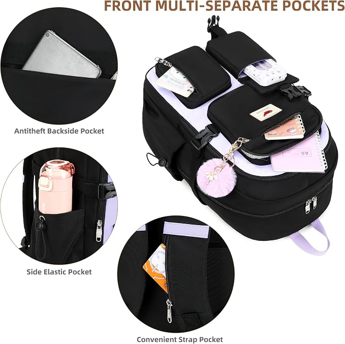 Laptop Backpack 15.6 Inch Elementary Middle High School Bag College Backpacks with Lunch Box Pencil Pouch 3 PCS Set Travel Bookbags for Teens Girls Women Students (Black Purple) - Image 3