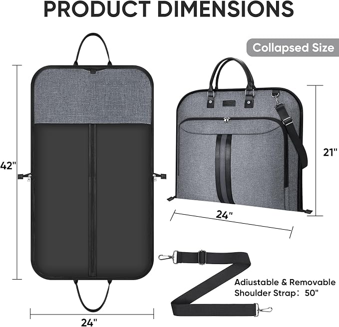 BALEINE Travel Garment Bag, Travel Suit Bag for Men, Water Resistant Carry on Garment Bag for Hanging Clothes, Garment Duffel Bag for Travel Business (Grey, 42") - Image 4