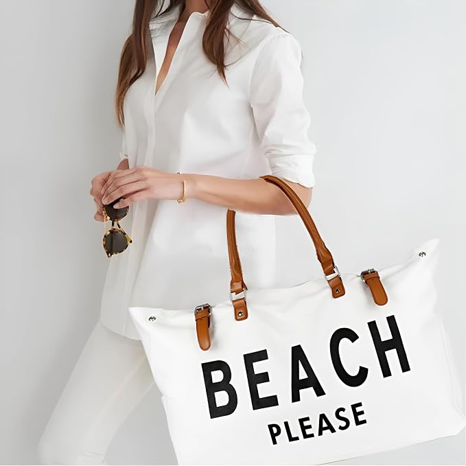 Lamyba Beach Bag with Vegan Leather Handle, Extra Large Beach Bag for Women Waterproof Sandproof, White | with Vegan Leather Handle - Image 2