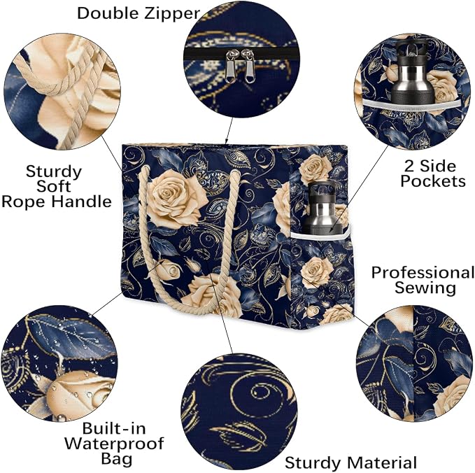 Large Beach Bag with Zipper Beach Bags for Women Water Resistant Swim Pool Bag - Image 4