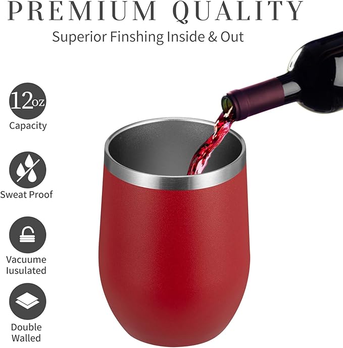MEWAY 12oz/4 Pack Wine Tumbler Glasses with Lid - Stemless Double Wall Vacuum Stainless Steel Travel Tumbler - Keeping Cold & Hot for Wine,Coffee,Cocktails,Drinks-Family and Gifts (Red,Set of 4)