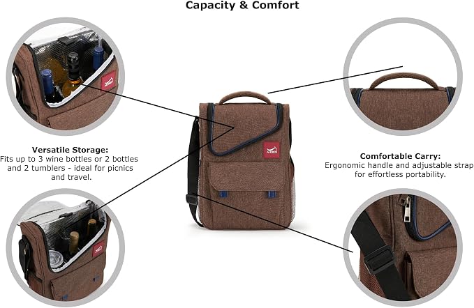 Insulated Wine Cooler Bag Set – 3 Bottle Wine Travel Tote or 2 Bottles with 2 Tumblers – Thermal Wine Carrier with Corkscrew & Stoppers for Picnic and Wine Gifts - Image 9