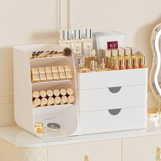 Makeup Organizer with Drawers, Large Capacity Countertop Organizer for Vanity, Bathroom and Bedroom Desk Cosmetics Organizer, Easy To Storage Skincare, Brushes, Eyeshadow, Lipstick (All White) by KQJS