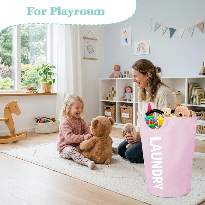WOOHA 125L Large laundry basket,Collapsible laundry hamper, Tall Clothes Baskets Folding Washing Bin Foldable Fabric Hamper Bags for Bedroom, Closet,Bathroom,College,laundry bag,pink - Image 3