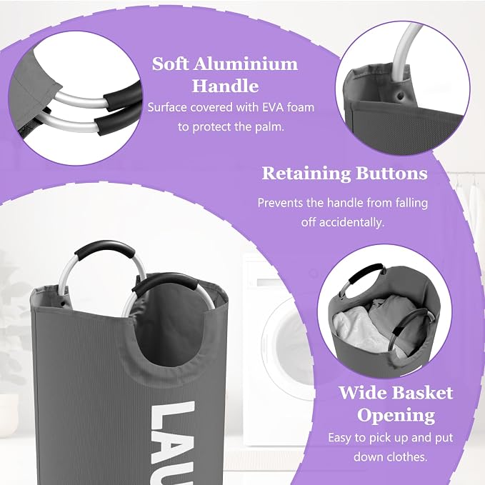 2Pcs Large Laundry Hamper for Adult, 95L Folding Clothes Basket with Handles, Dirty Clothes Hampers for Bedroom, Stand-alone Laundry Bin for Family, Hotel, Dorm, Grey/Black - Image 5