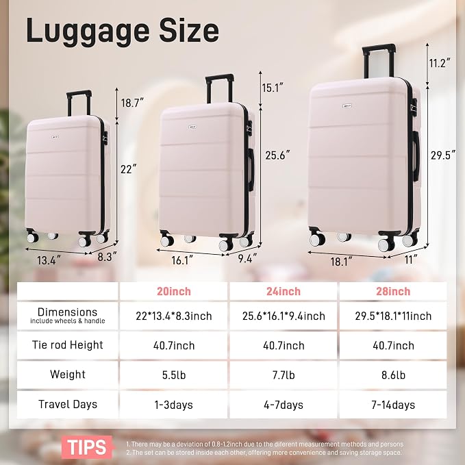 Merax Luggage Set, 3 Piece Hardcase Luggage with Double Spinner Wheels | Carry on Suitcase Airline Approved,20+24+28 inch,Light Pink - Image 7