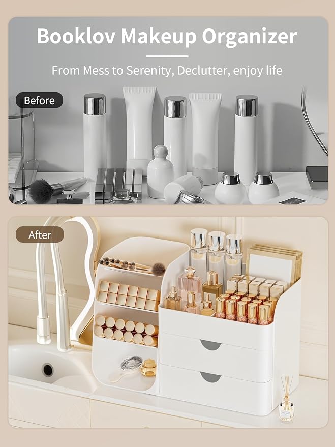 Booklov Small Makeup Organizer for Vanity and Bathroom Countertop, White | Plastic Cosmetic Display Case with Drawers, Beauty Brush Holder for Dresser Counter, Storage Skin Care Eyeshadow Lipstick - Image 6