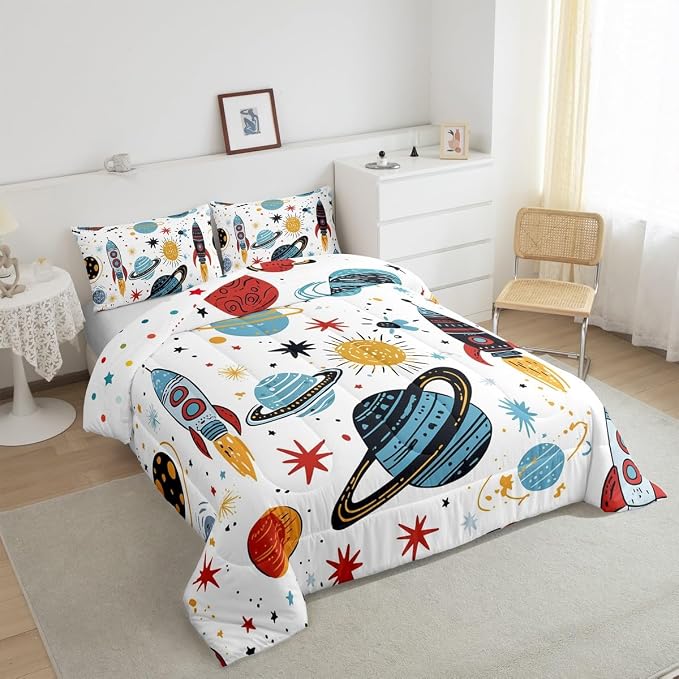 Erosebridal Outer Space Bedding Set King Size Kids Boys Space Ship Rocket Comforter Set Cartoon Universe Stars Planet Down Comforter Cosmos Meteorite Quilt Duvet Set with 2 Pillow Cases - Image 3