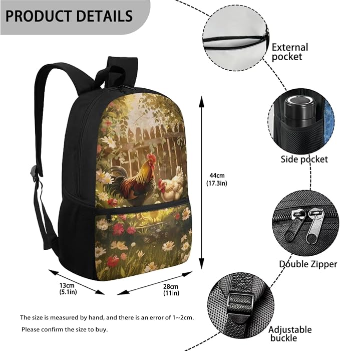 Retro Daisy Rooster Print Backpack Set for Student Schoolbag Lightweight Bookbag Lunch Box Pencil Case 17 Inch Travel Laptop Backpacks Large Capacity Rucksack Daypack - Image 2