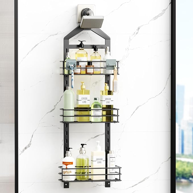 Orimade Adjustable Anti-slip Shower Caddy over Head, Rustproof Bathroom Hanging Organizer with 2 Hooks for Razor, No Drilling Shower Shelves Storage Rack 3 Tier, Black - Image 2