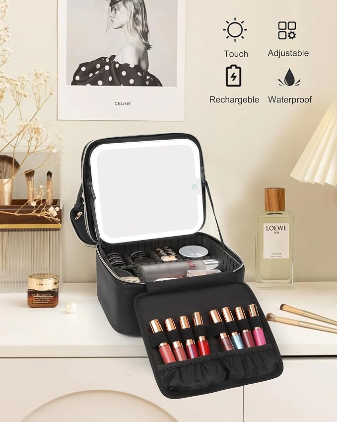 Chomeiu Makeup Bag with LED Mirror, 2 Layer Travel Makeup Case for Women and Makeup Artists Cosmetic Organizer Large Make Up Bags, 3 Color Lights, Adjustable Dividers and Brush Holder - Image 7