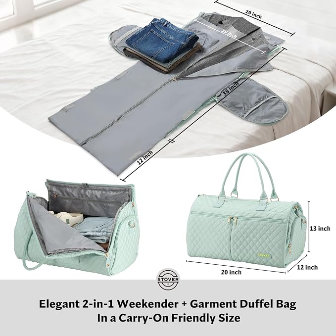 STOVER Women’s Convertible Garment Duffel Bag for Travel – 2-in-1 Carry-On Weekender/Overnight Tote - Wrinkle-Free Dresses, Suits & Clothes + Shoe Compartment & Bonus Toiletry Bag (Coastal Mint) - Image 2