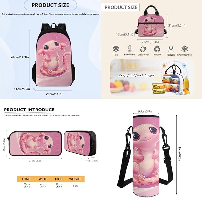 School Backpack with Lunch Bag for Boys Girls Pencil Bag Water Bottle Sling for School, Cute Axolotl School Bag Bookbag Rucksack Primary Middle Knapsack Set - Image 7