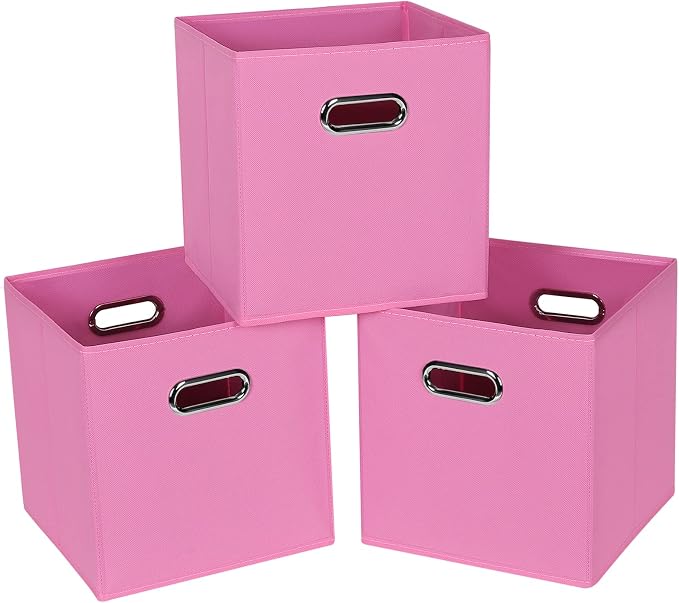 Fabric Cloth Storage Bins,Fabric Cube Bins Organizer with Dual Handles Foldable Cube Storage Baskets for Home Bedroom Storage,Set of 3,(Pink) by SEVENDOME