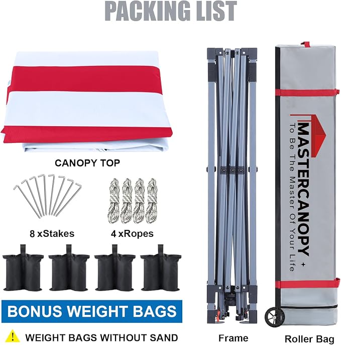 MASTERCANOPY 10x10 Pop Up Canopy Tent, 1 Person Setup Instant Shelter,Outdoor Portable Beach Canopy with Roller Bag, 4 Sandbags, 4 Ropes, 8 Stakes (10x10, Red Stripe) - Image 5