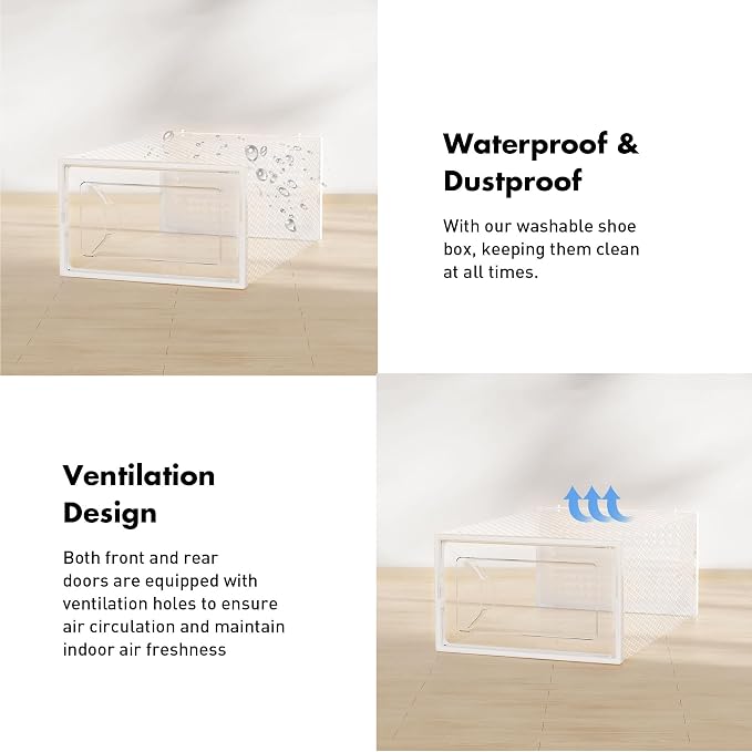 Foluck Shoe Storage Box, 15 Pack Clear Plastic Stackable Organizer for Closet, Interlocking Design Shoes Container Bins for Sneakers, Foldable Shoe Rack with Lids, White - Image 5