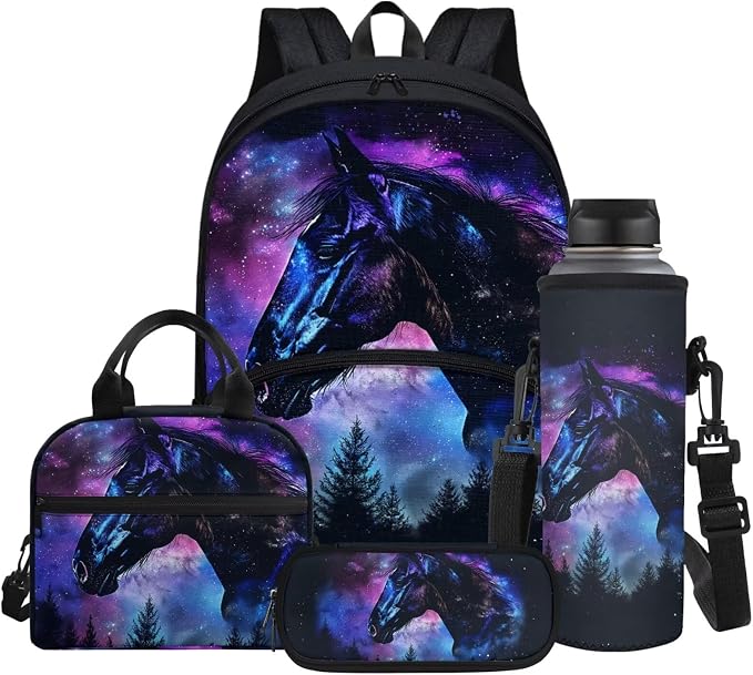 Starry Sky Horse Pattern Backpack Set for Kids School Bag with Lunch Box/Water Bottle Sleeve/Pencil Pen Case, 4 in 1 Daypack Set for Outdoor Camping Travel Picnic by Glomenade