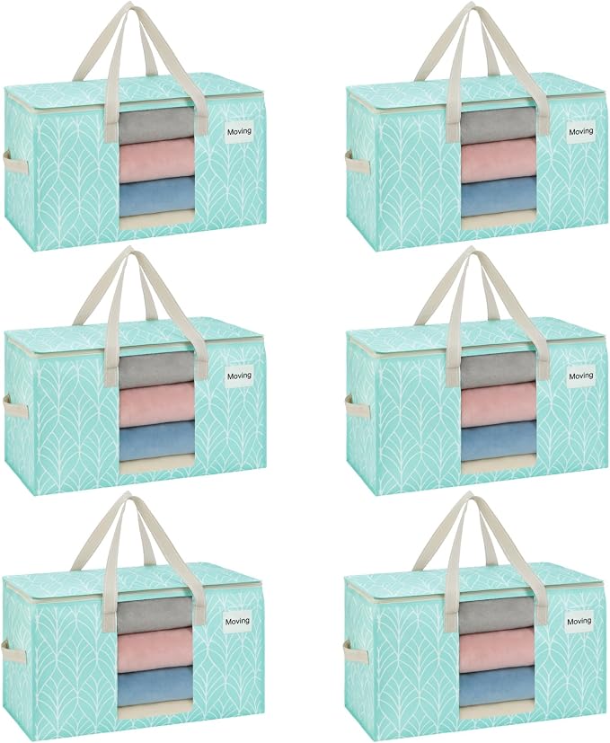 VENO 6 Pack Heavy Duty Moving Bags, Clothes and Comforter Storage Bags with Clear Window, College Dorm Essentials Packing Supplies, Foldable Boxes Alternative (Evergreen, 6 Pack) by Veno