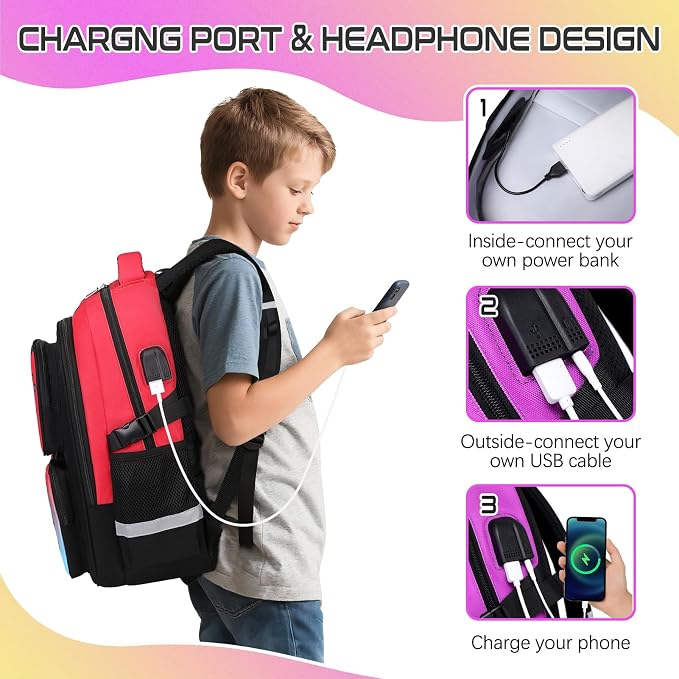 Gamer Backpack for Boys , 3PCS Boys Backpack with Lunch Box & Pencil Pouch, Waterproof School Bags for Boy Kids Children Teens, Elementary Middle School, Kids Book Bag Casual Daypack (Pueple Yellow) - Image 7