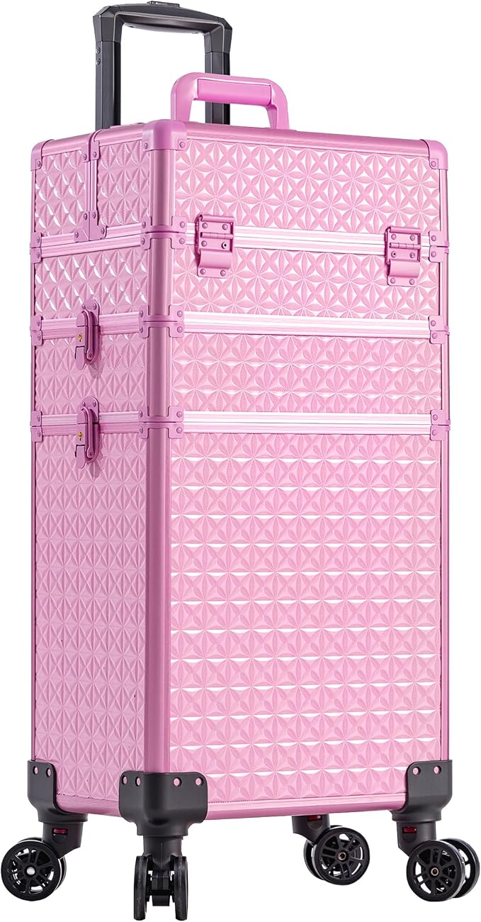 3 in 1 Rolling Makeup Train Case Cosmetology Case on Wheels, Pink | Large Cosmetic Trolley Organizer with Keys Salon Barber Case Traveling Cart Trunk for Artist Hairstylists Nail Tech - Image 7