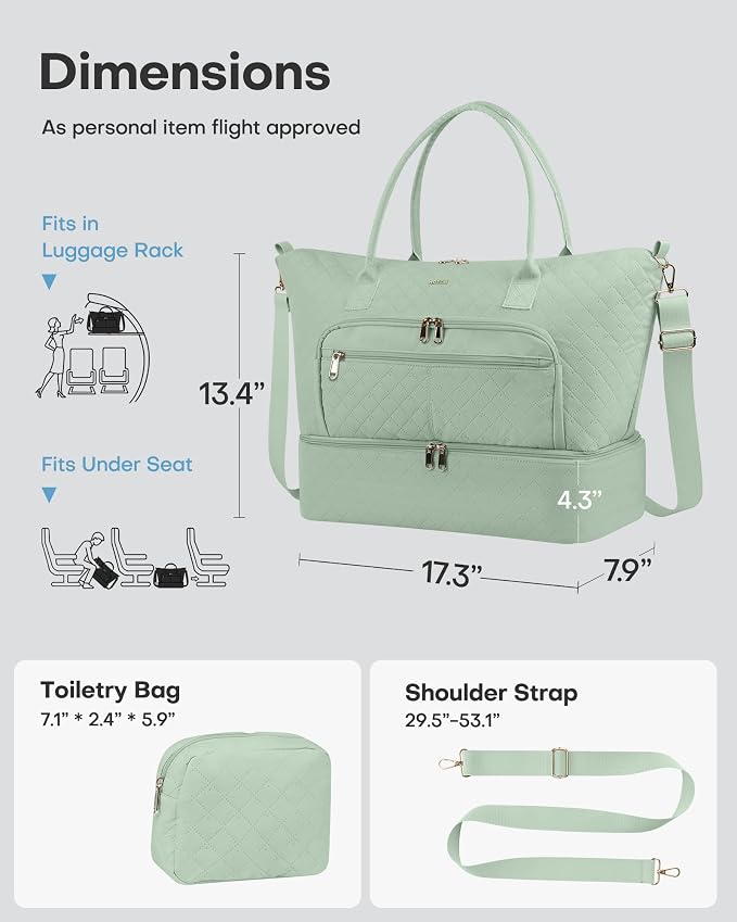 HOTOR Travel Duffle Bag for Women - Carry on Bag with Toiletry Pouch & Shoe Compartment, Large Overnight Weekender Bags for Gym, Business Trips, Sports and Hospital, Green, 17.3" x 7.9" x 13.4" - Image 2