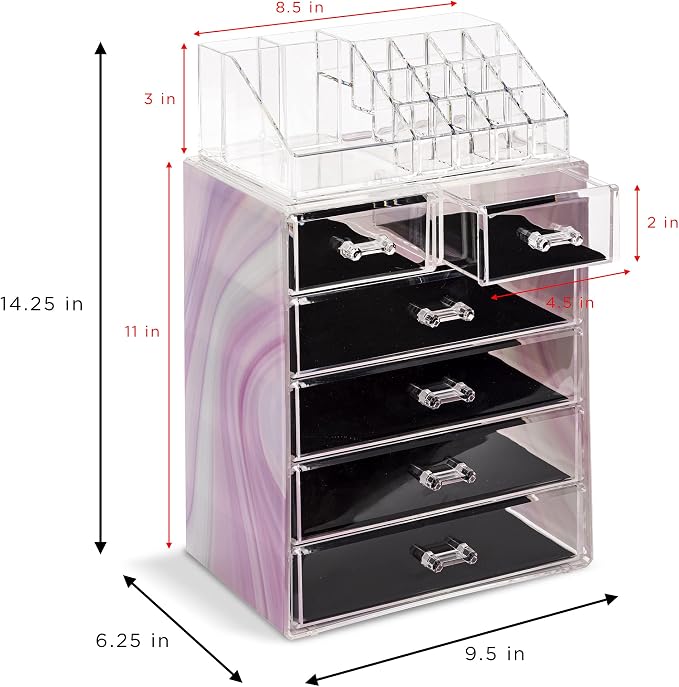Sorbus Acrylic Makeup Organizer Set, 6-Drawer Vanity & Countertop Cosmetic Storage with Small & Wide Compartments, Tie Dye Makeup Storage for Brushes, Jewelry – Holiday Gift for Women & Teens - Image 3