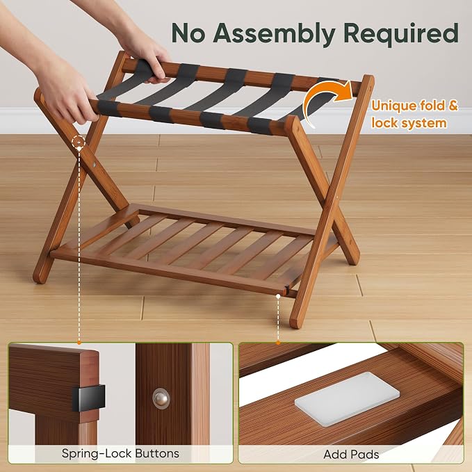 Smart FENDEE Fully Assembled Bamboo Luggage Rack, Walnut Folding Suitcase Stand with Shoe Shelf, Heavy-Duty Luggage Holder for Guest Room Must Haves, Bedroom, Hotel, 1 Pack - Image 3