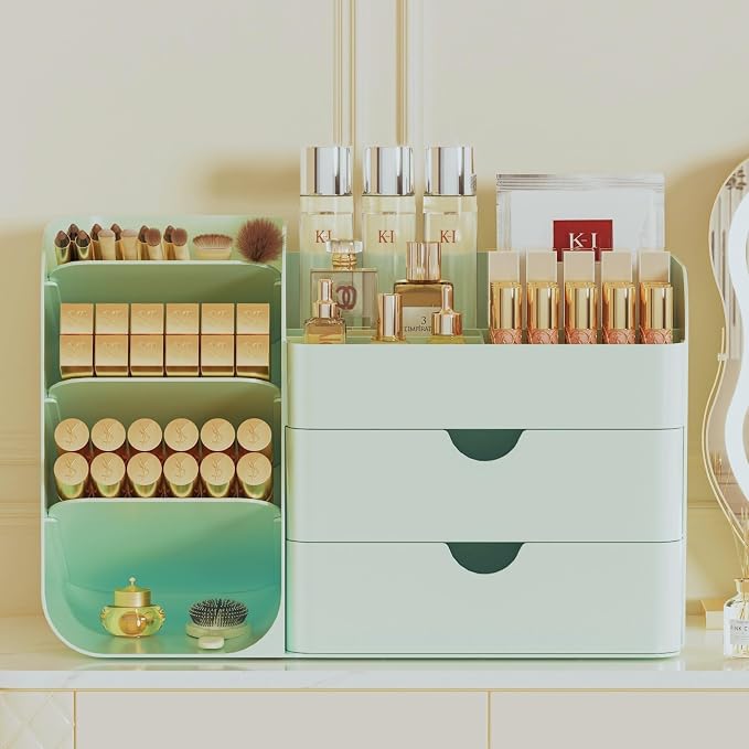 Makeup Organizer with Drawers, Large Capacity Countertop Organizer for Vanity, Bathroom and Bedroom Desk Cosmetics Organizer, Easy To Storage Skincare, Brushes, Eyeshadow, Lipstick (All Green) by KQJS