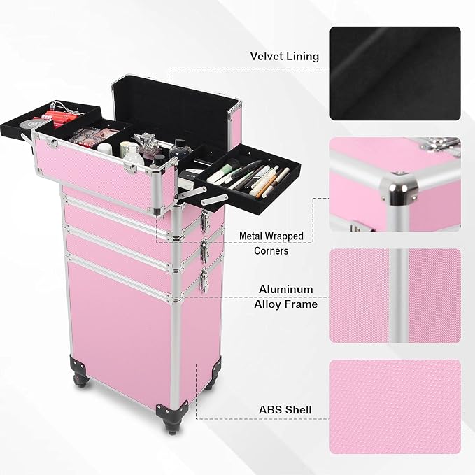 4 in 1 Rolling Makeup Train Case, Large Storage Cosmetic Trolley Makeup Travel Case with Key & Wheels Salon Barber Case Traveling Cart Trunk, Pink - Image 7